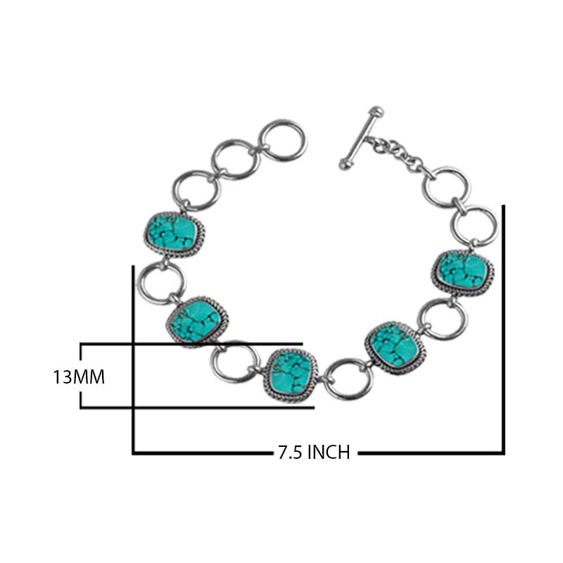 Sterling Silver Bracelet With Cushion Turquoise Shell Accents In Rope Bezels And Large Silver Rings