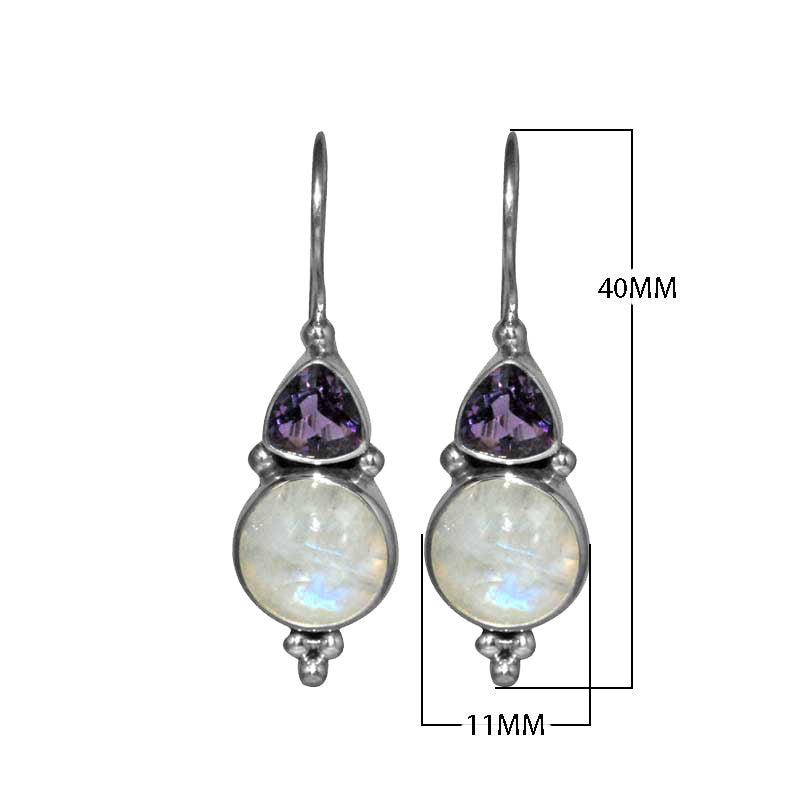 Sterling silver Amethyst Quartz and Rainbow Moonstone dual drop earrings, handcrafted wholesale jewelry from Bali