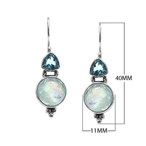 Sterling silver Blue Topaz Quartz and Rainbow Moonstone dual drop earrings, handcrafted wholesale jewelry from Bali
