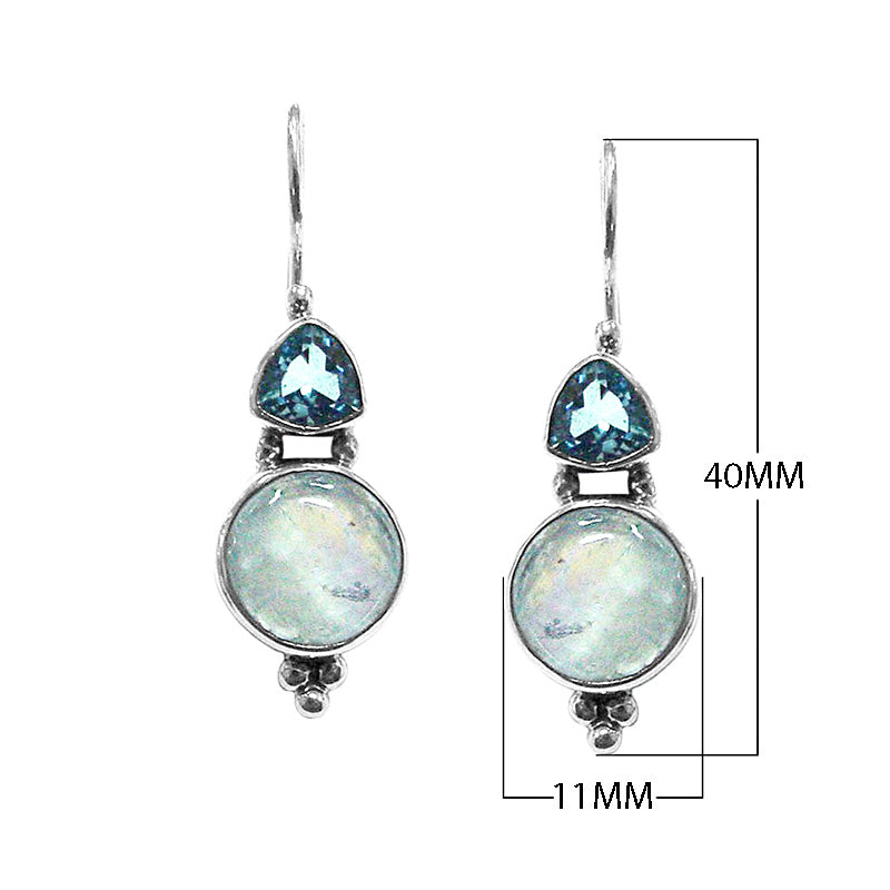 Sterling silver Blue Topaz Quartz and Rainbow Moonstone dual drop earrings, handcrafted wholesale jewelry from Bali