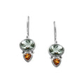 Sterling silver earring with Green Amethyst Quartz and Citrine Quartz dual drop design, handcrafted wholesale jewelry from Bali