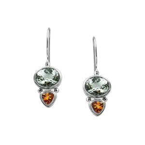 Sterling silver earring with Green Amethyst Quartz and Citrine Quartz dual drop design, handcrafted wholesale jewelry from Bali