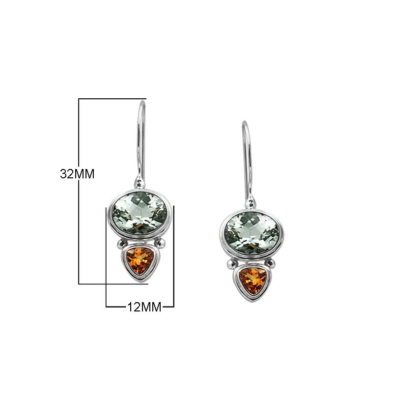 Sterling silver earring with Green Amethyst Quartz and Citrine Quartz dual drop design, handcrafted wholesale jewelry from Bali