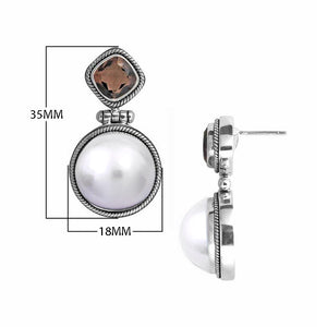 Sterling Silver Mabe Pearl and Smoky Quartz earrings handcrafted in Bali with oxidized rope-edge detailing and polished finish.
