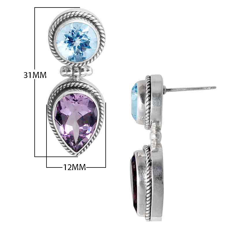 Sterling Silver Amethyst and Blue Topaz drop earrings handcrafted in Bali with oxidized rope-edge detailing and high-polish finish.