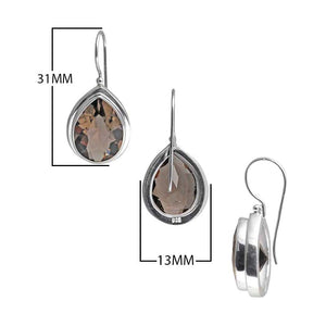 Sterling Silver pear-cut Smoky Quartz hook earrings handcrafted in Bali with polished bezel frame and elegant finish.