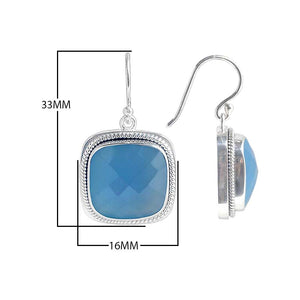 Sterling Silver cushion Blue Chalcedony Quartz hook earrings handcrafted in Bali with rope-edge detailing and polished finish.