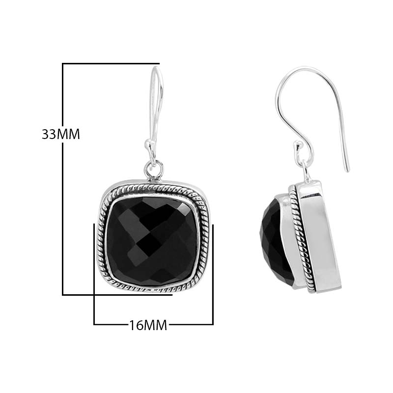 Sterling Silver cushion Black Onyx hook earrings handcrafted in Bali with rope-edge detailing and polished finish.