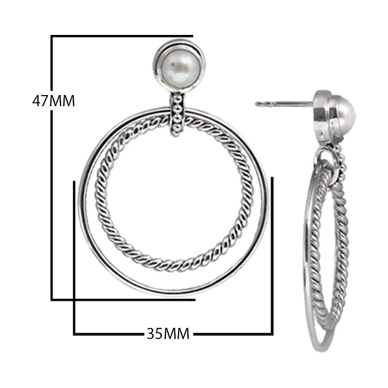 Sterling Silver Fresh Water Pearl double hoop earrings handcrafted in Bali with rope-edge detailing and polished finish.