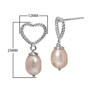 Sterling Silver Pink Pearl heart drop earrings handcrafted in Bali with rope texture and polished finish.
