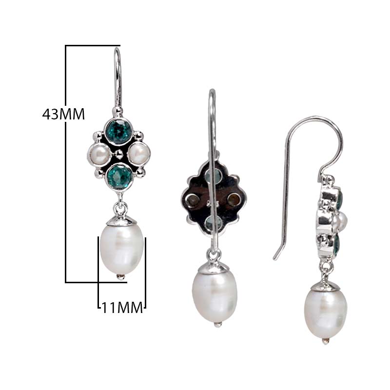 Sterling Silver Fresh Water Pearl and Green Quartz floral drop earrings handcrafted in Bali with polished silver finish.