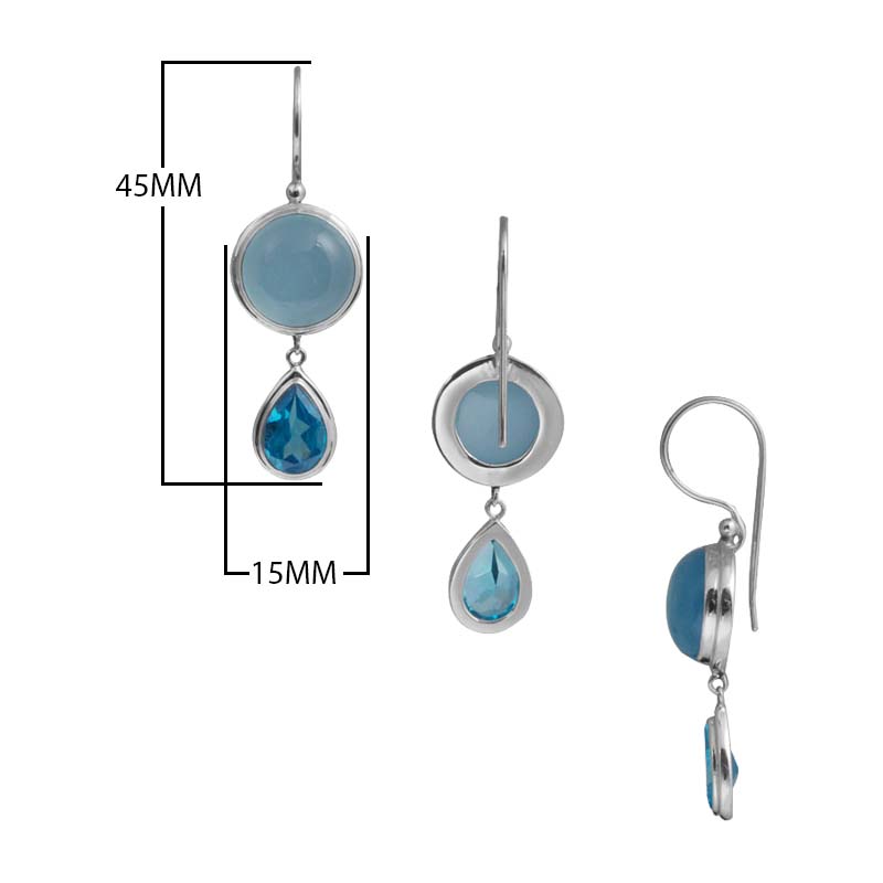 Sterling Silver Blue Chalcedony Quartz and Blue Topaz Quartz dual drop earrings handcrafted in Bali with polished bezel design.