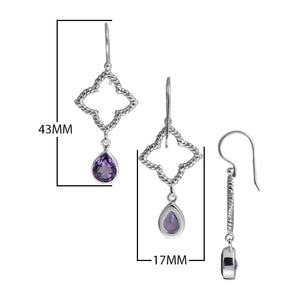 Sterling Silver Amethyst Quartz teardrop earrings with rope diamond frame handcrafted in Bali with polished finish.