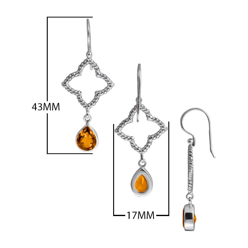 Sterling Silver Citrine Quartz teardrop earrings with rope diamond frame handcrafted in Bali with polished finish.
