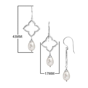 Sterling Silver Pearl drop earrings with rope diamond frame handcrafted in Bali with polished finish.