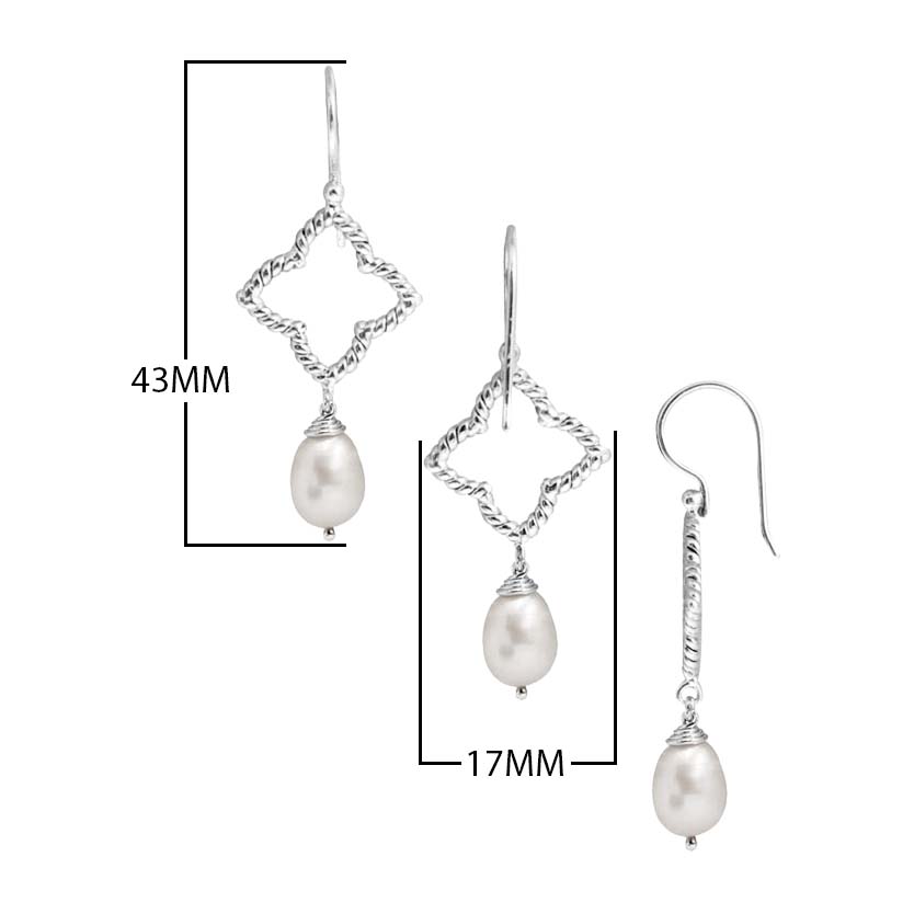 Sterling Silver Pearl drop earrings with rope diamond frame handcrafted in Bali with polished finish.