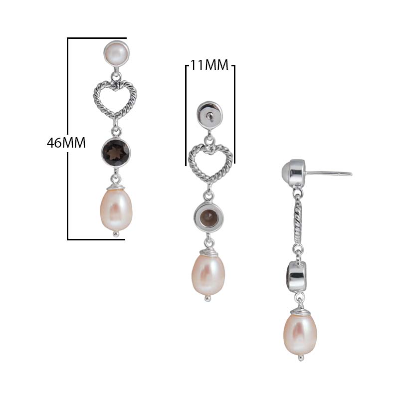 Sterling Silver Fresh Water Pearl and Smoky Quartz heart drop earrings handcrafted in Bali with rope texture and polished finish.
