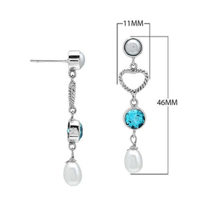 Sterling Silver Fresh Water Pearl and Blue Topaz Quartz heart drop earrings handcrafted in Bali with rope texture and polished finish.