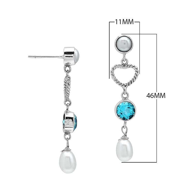 Sterling Silver Fresh Water Pearl and Blue Topaz Quartz heart drop earrings handcrafted in Bali with rope texture and polished finish.