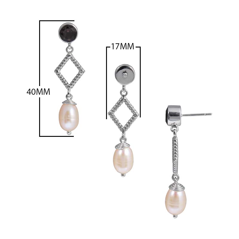 Sterling Silver Fresh Water Pearl diamond drop earrings handcrafted in Bali with rope texture and polished finish.
