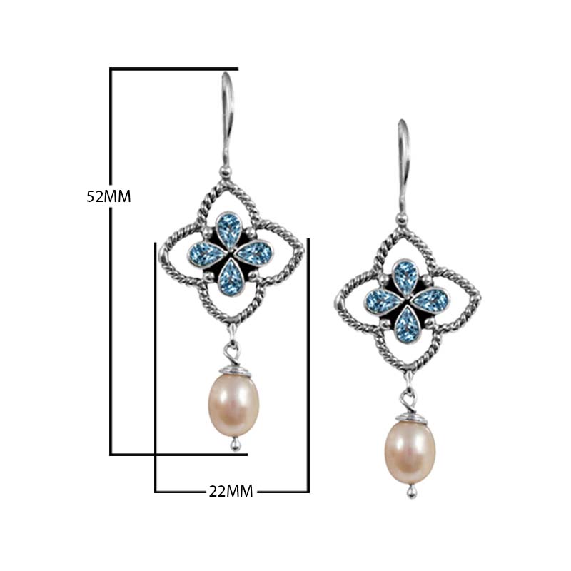 Sterling Silver Fresh Water Pearl and Blue Topaz Quartz floral drop earrings handcrafted in Bali with twisted rope frame and polished finish.