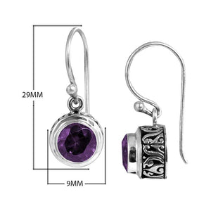 Sterling Silver Amethyst Quartz round drop earrings handcrafted in Bali with Balinese carvings and polished finish.