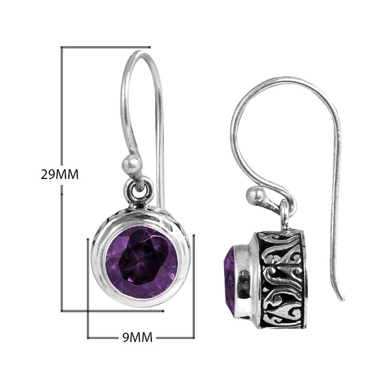 Sterling Silver Amethyst Quartz round drop earrings handcrafted in Bali with Balinese carvings and polished finish.