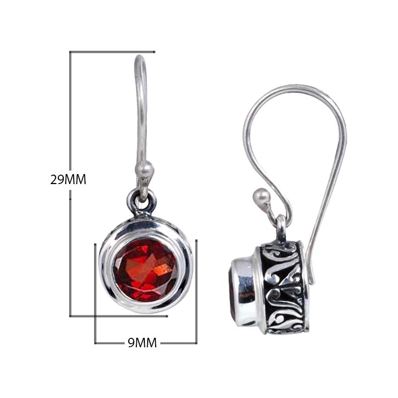 Sterling silver round-shaped Garnet earrings with ornamental side detailing and earwire lock, designed for wholesale jewelry distributors and professional retail collections.
