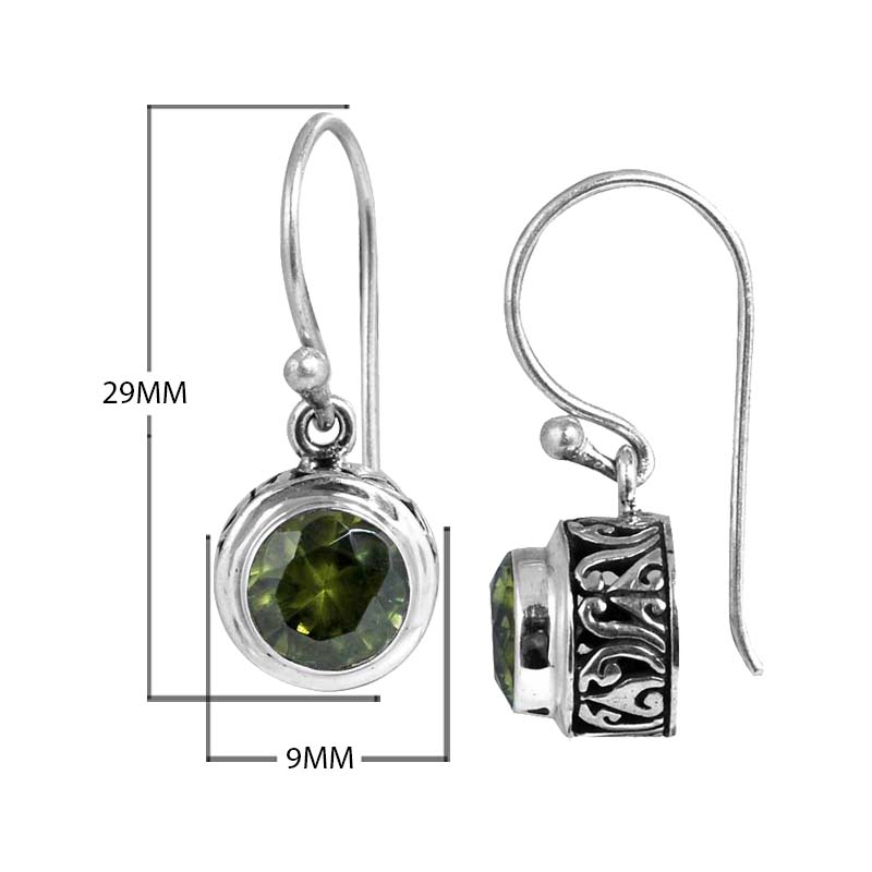 Sterling Silver Peridot round earrings handcrafted in Bali with detailed Balinese carvings and a polished finish.