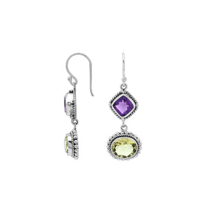 Wholesale sterling silver earrings with cushion-cut Amethyst Quartz and oval Lemon Quartz, handcrafted Bali-inspired design.