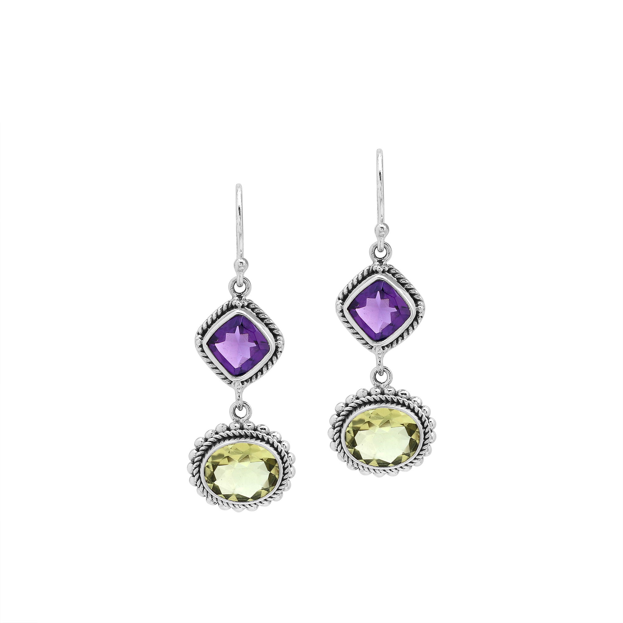 Wholesale sterling silver earrings with cushion-cut Amethyst Quartz and oval Lemon Quartz, handcrafted Bali-inspired design.