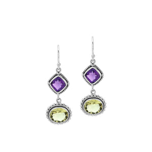 Wholesale sterling silver earrings with cushion-cut Amethyst Quartz and oval Lemon Quartz, handcrafted Bali-inspired design.