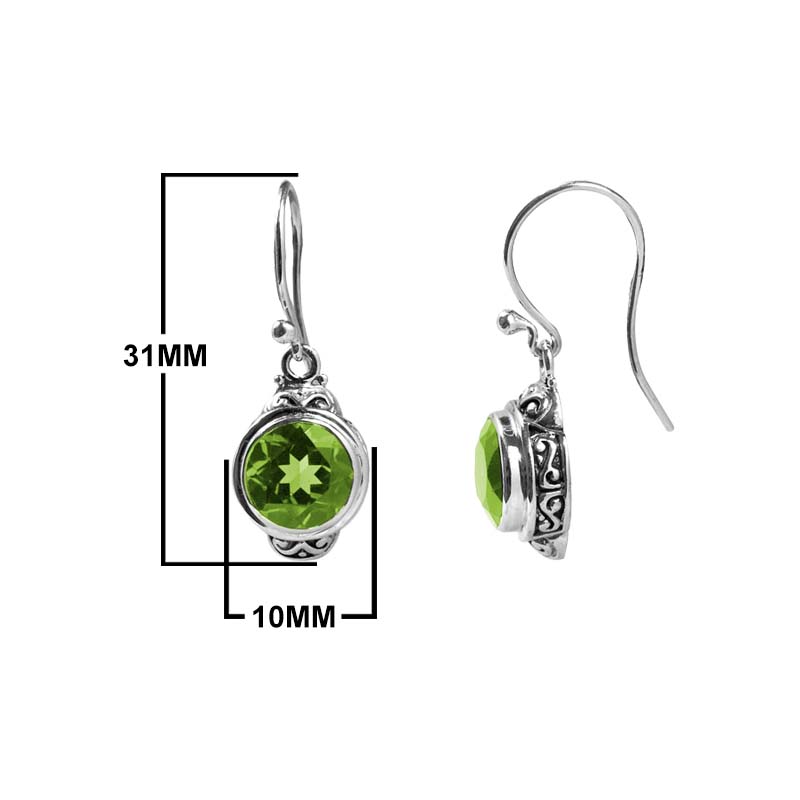 Sterling silver round-shaped Peridot Quartz earrings with ornamental detailing and earwire lock, designed for professional jewelry retailers and wholesale distributors.