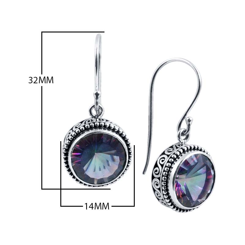 Sterling Silver Mystic Quartz round hook earrings with ornate Balinese frame handcrafted in Bali