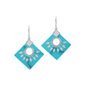 Sterling Silver Tribal Earrings With Turquoise Shell Diamond Panels And Silver Sunburst Accents
