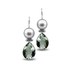 Sterling Silver Earrings With Mabe Pearl Tops And Green Amethyst Quartz Teardrop Drops