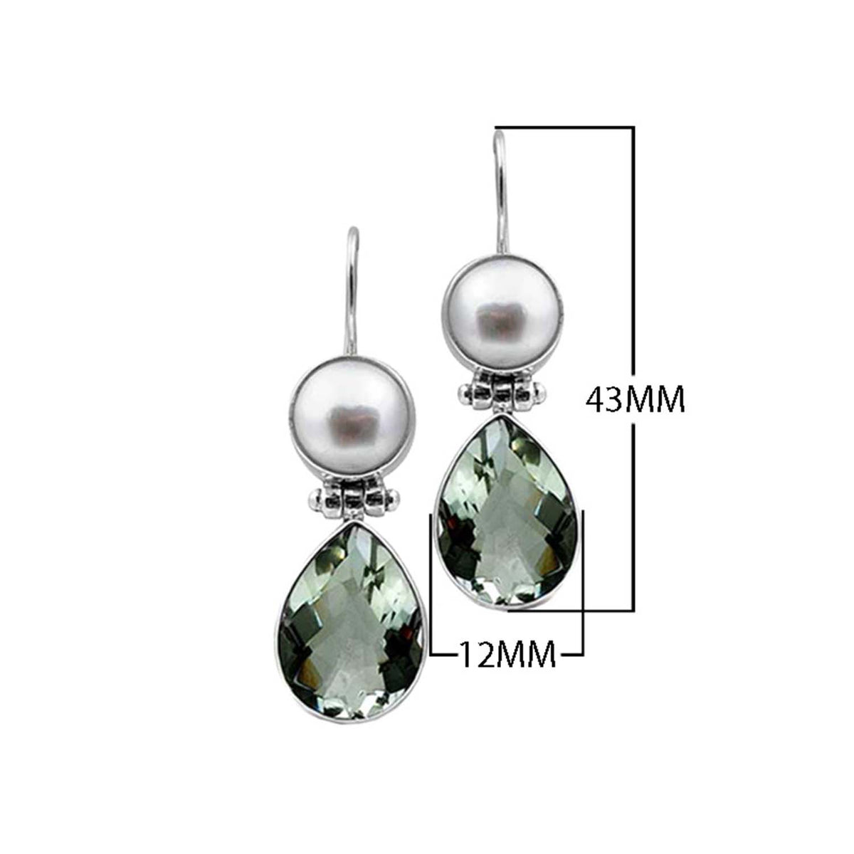 Sterling Silver Earrings With Mabe Pearl Tops And Green Amethyst Quartz Teardrop Drops