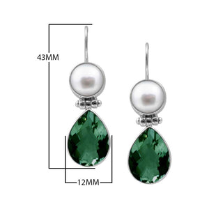 Sterling Silver Earrings With Mother Of Pearl Tops And Green Amethyst Quartz Teardrop Drops