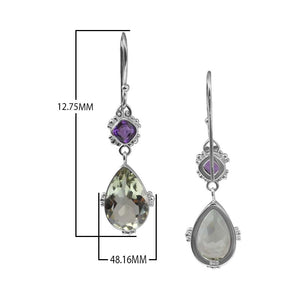 Sterling Silver Earrings With Green Amethyst Quartz Teardrops And Amethyst Quartz Cushion Tops