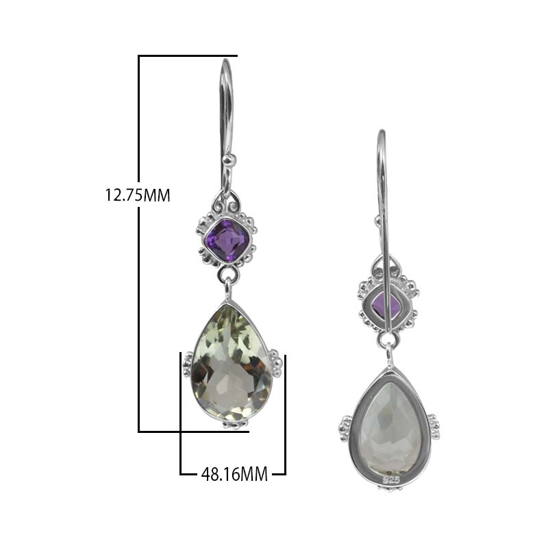 Sterling Silver Earrings With Green Amethyst Quartz Teardrops And Amethyst Quartz Cushion Tops