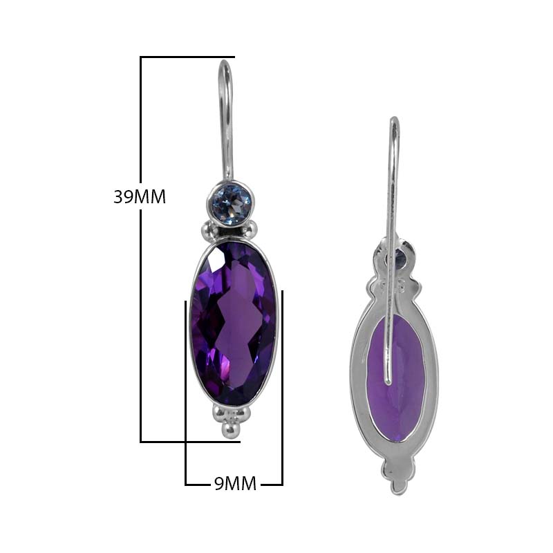 Sterling Silver Earrings With Amethyst Quartz Oval Drops And Blue Topaz Quartz Round Accents
