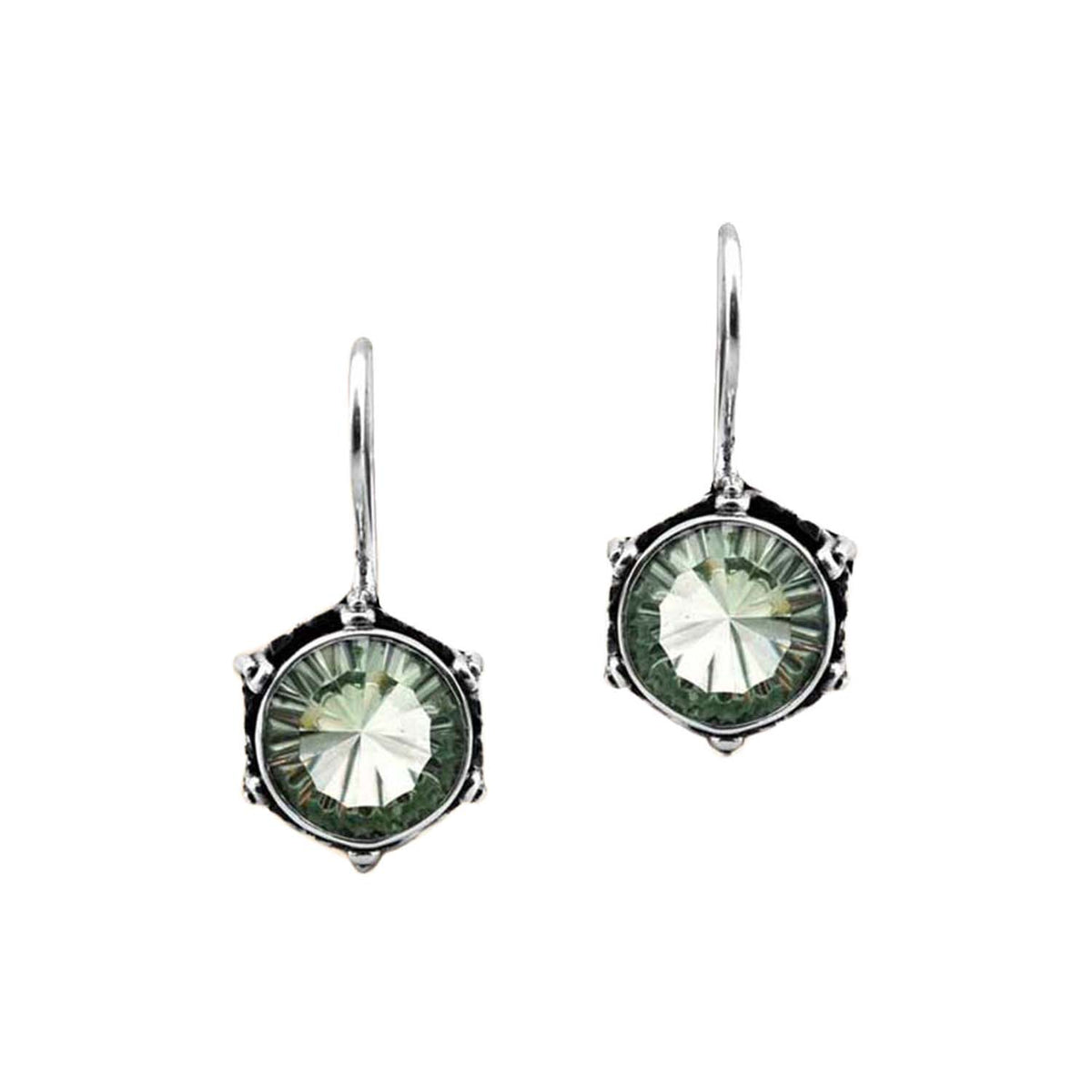 Sterling Silver Earrings With Green Amethyst Quartz Round Stones And Carved Halo Design