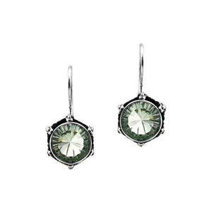 Sterling Silver Earrings With Green Amethyst Quartz Round Stones And Carved Halo Design