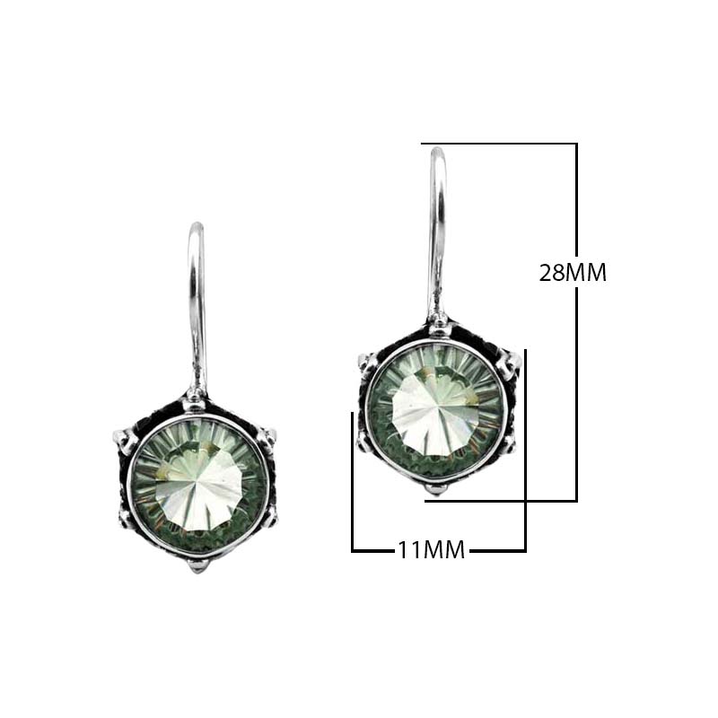 Sterling Silver Earrings With Green Amethyst Quartz Round Stones And Carved Halo Design