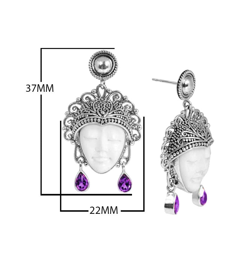 Sterling Silver Carved Bone Face Earrings With Amethyst Quartz Teardrop Accents