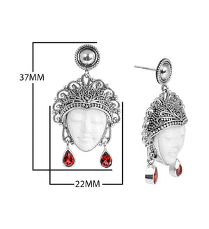 Sterling Silver Carved Bone Face Earrings With Garnet Quartz Teardrop Accents