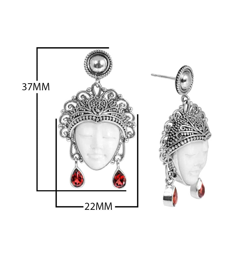 Sterling Silver Carved Bone Face Earrings With Garnet Quartz Teardrop Accents