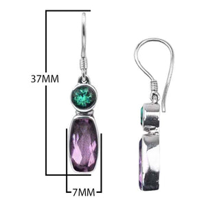 Sterling Silver Earrings With Green Quartz Round Top And Amethyst Quartz Elongated Drop
