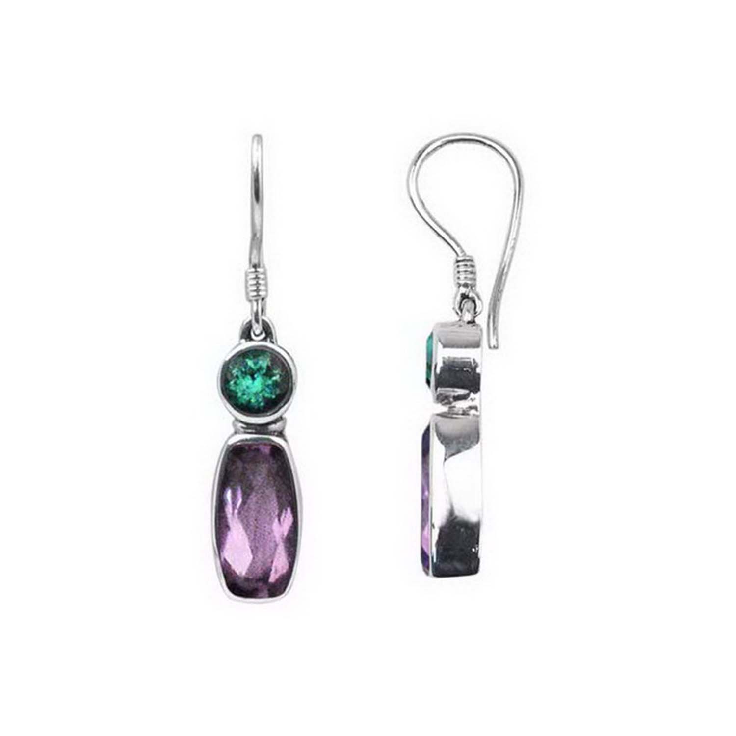 Sterling Silver Earrings With Green Quartz Round Top And Amethyst Quartz Elongated Drop