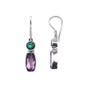 Sterling Silver Earrings With Green Quartz Round Top And Amethyst Quartz Elongated Drop